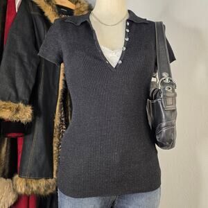 Y2k Sparkly Dark Gray Short Sleeve Polo Henley Top Size Small Wet Seal